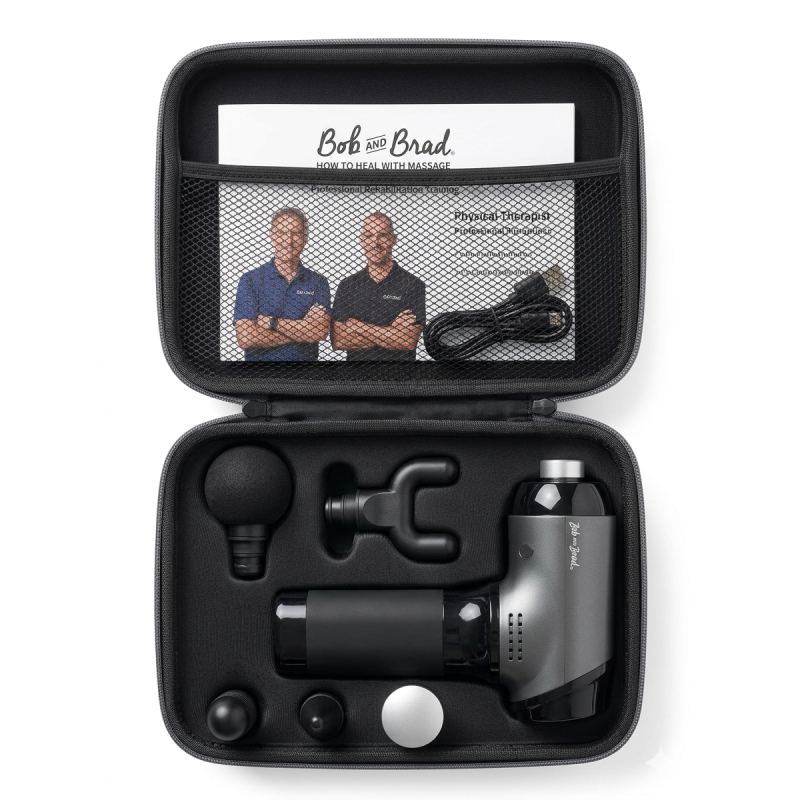 Bob and Brad T2 Max — a massage gun featuring a metal attachment, waterproof body, and a noise level under 45 dB.