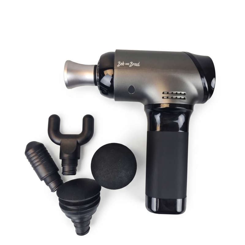 Bob and Brad T2 Max — a massage gun featuring a metal attachment, waterproof body, and a noise level under 45 dB.